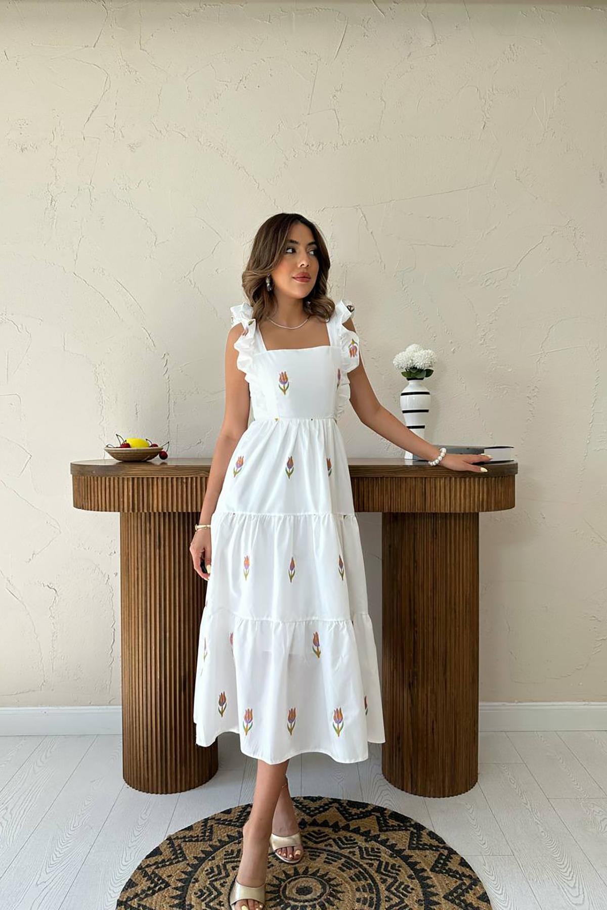 Toptan Oranj Sıfır Kol Fırfırlı Elbise