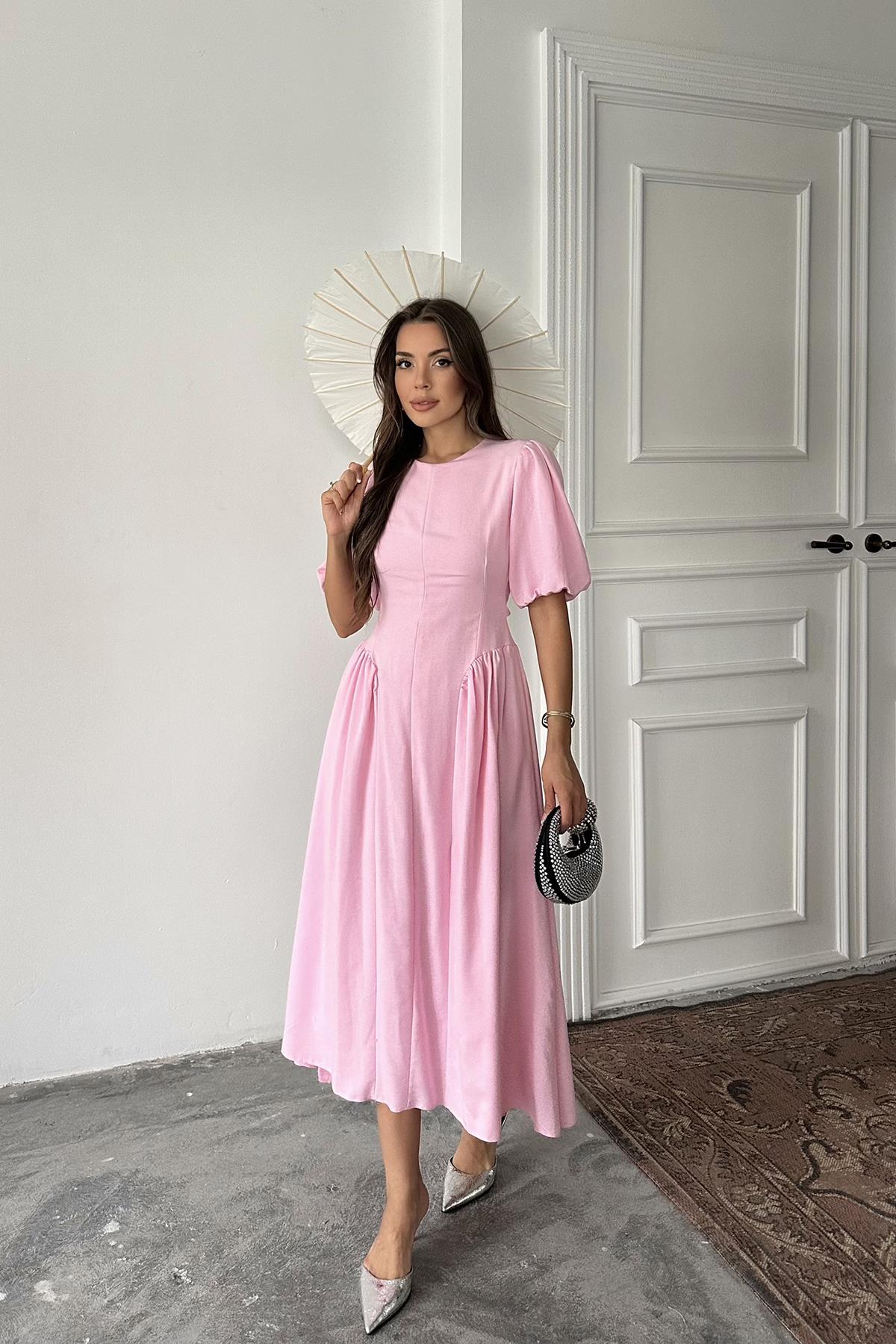 Toptan Pembe Arkadan Bağlamalı Büzgülü Keten Elbise Pembe L