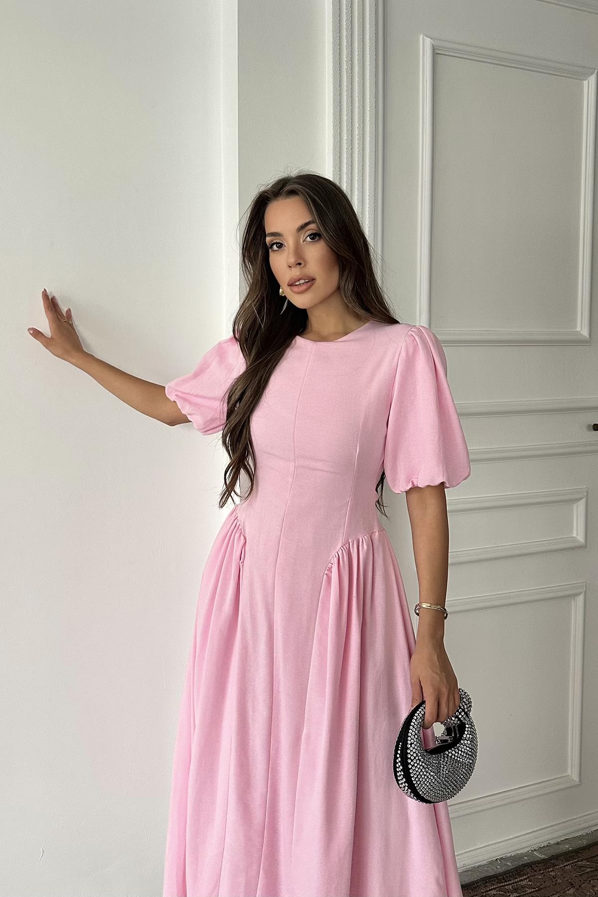Toptan Pembe Arkadan Bağlamalı Büzgülü Keten Elbise