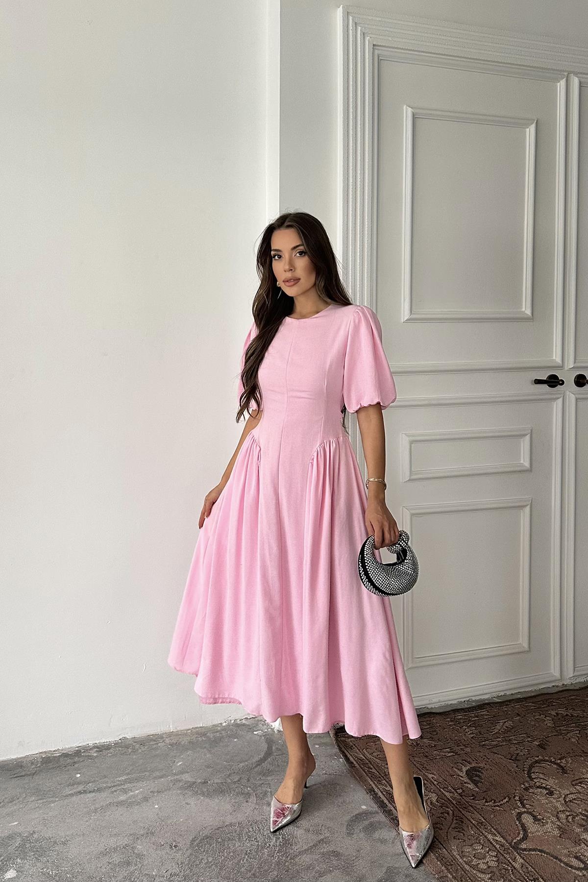 Toptan Pembe Arkadan Bağlamalı Büzgülü Keten Elbise