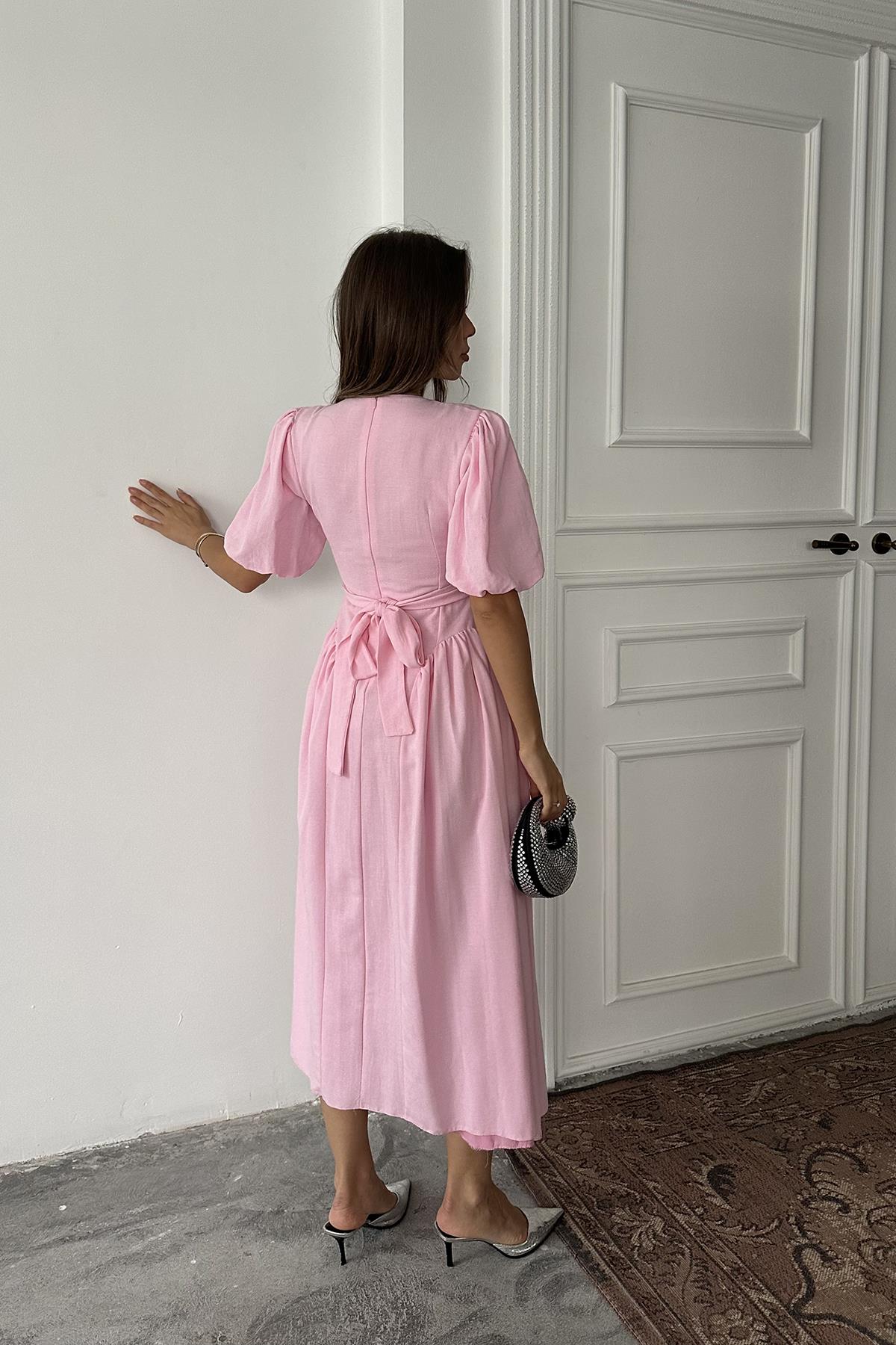 Toptan Pembe Arkadan Bağlamalı Büzgülü Keten Elbise