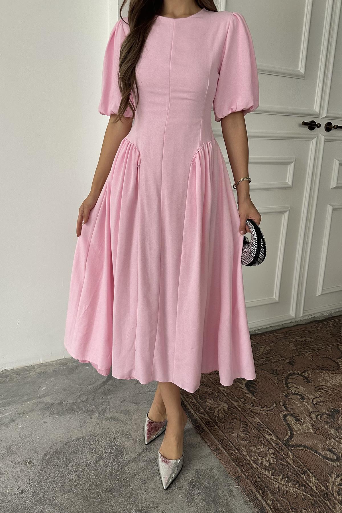 Toptan Pembe Arkadan Bağlamalı Büzgülü Keten Elbise
