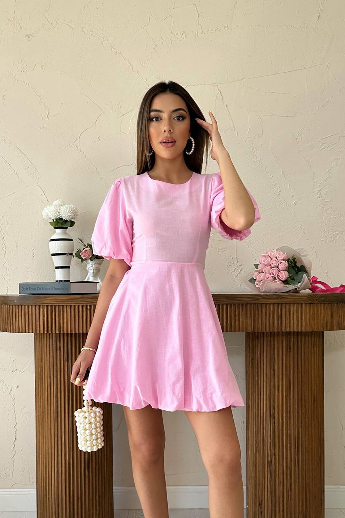 Toptan Pembe Arkadan Bağlamalı Keten Elbise