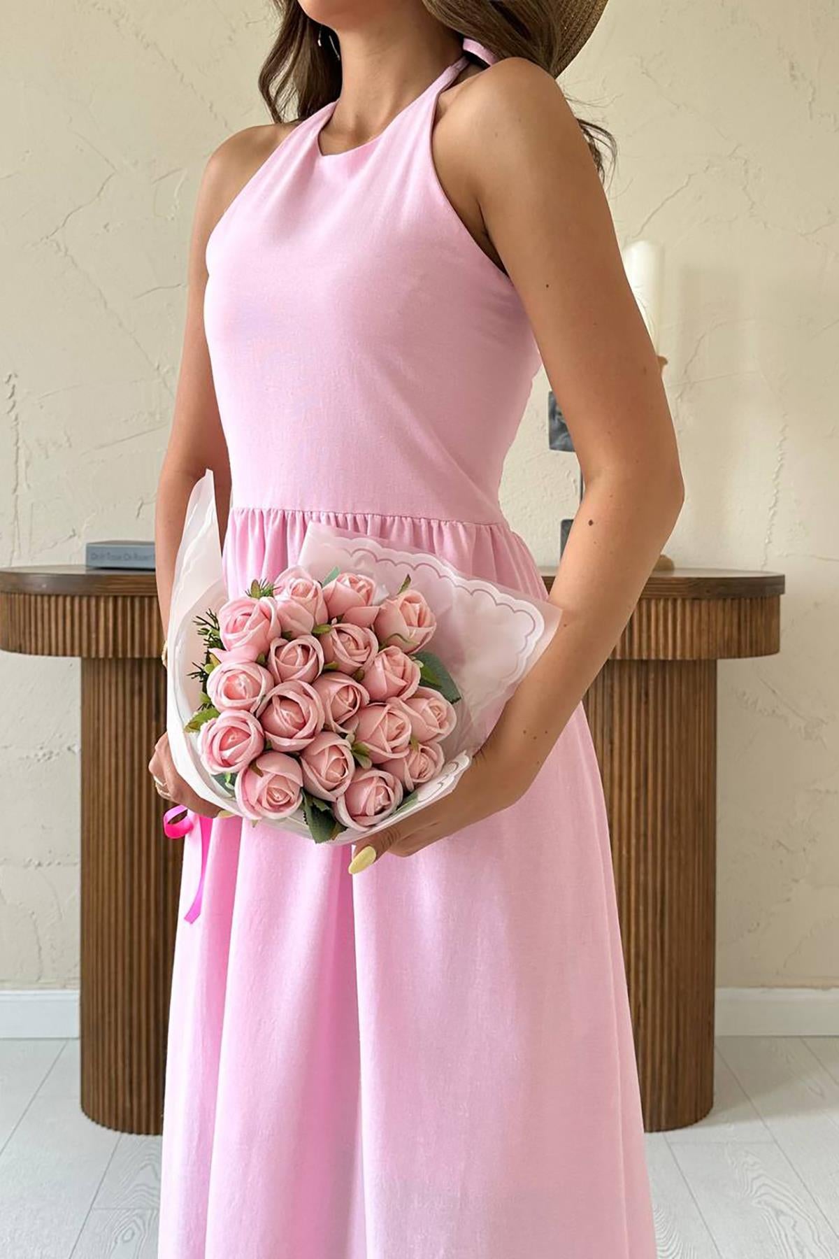 Toptan Pembe Arkası Gipeli Keten Elbise