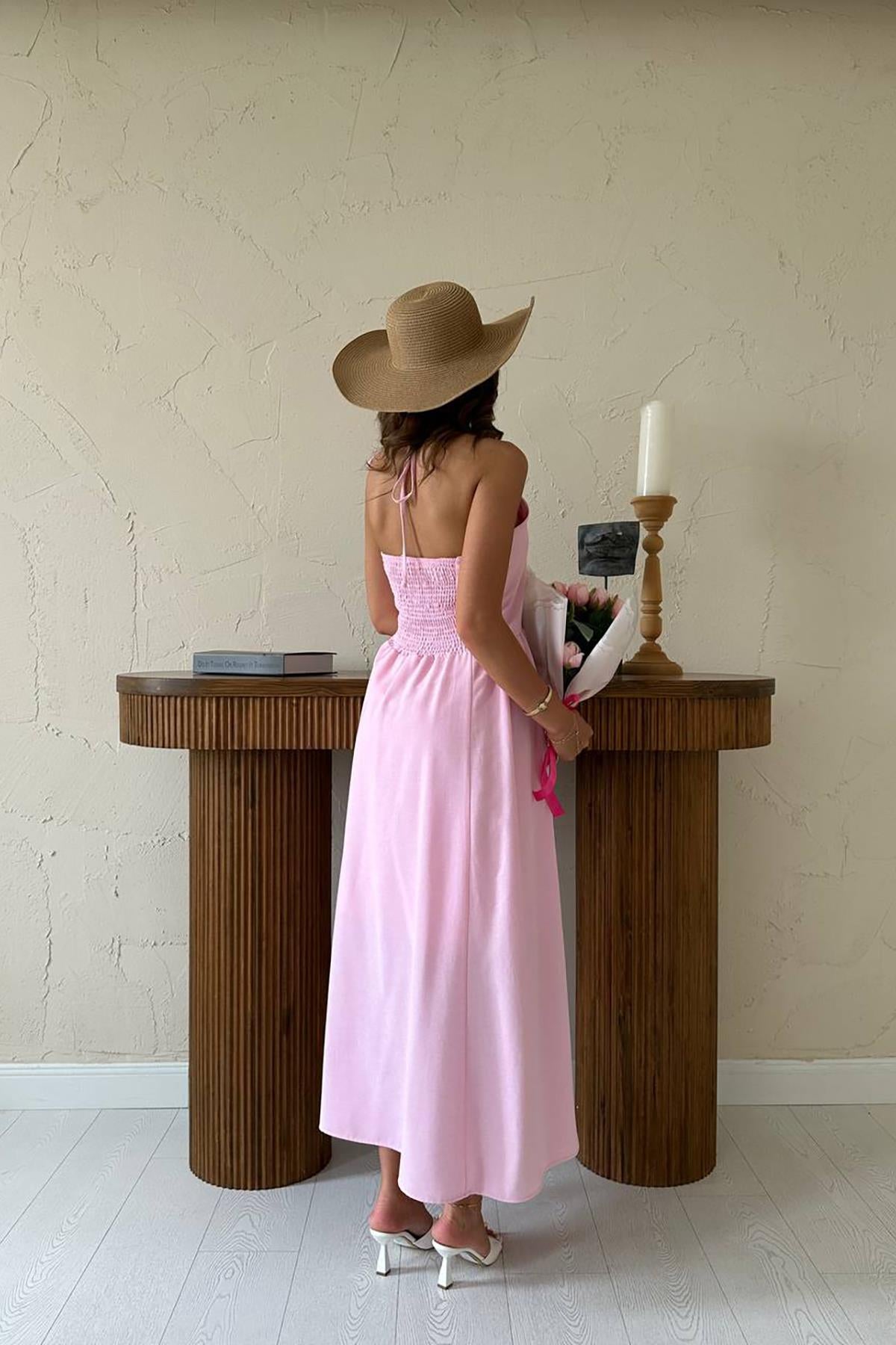 Toptan Pembe Arkası Gipeli Keten Elbise