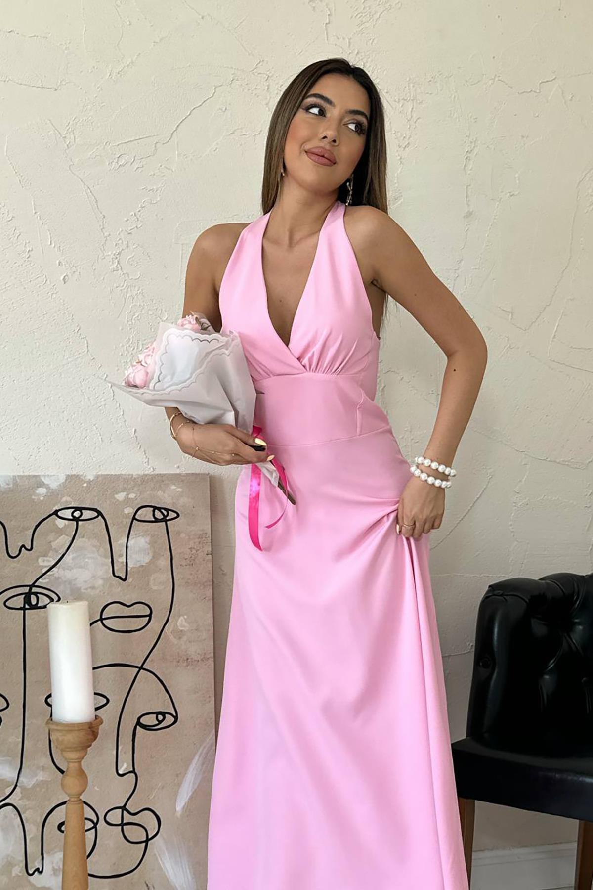 Toptan Pembe Atlas Göğüs Kuplu Elbise