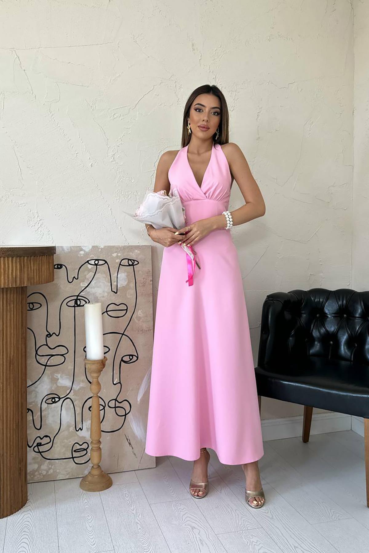 Toptan Pembe Atlas Göğüs Kuplu Elbise Pembe L