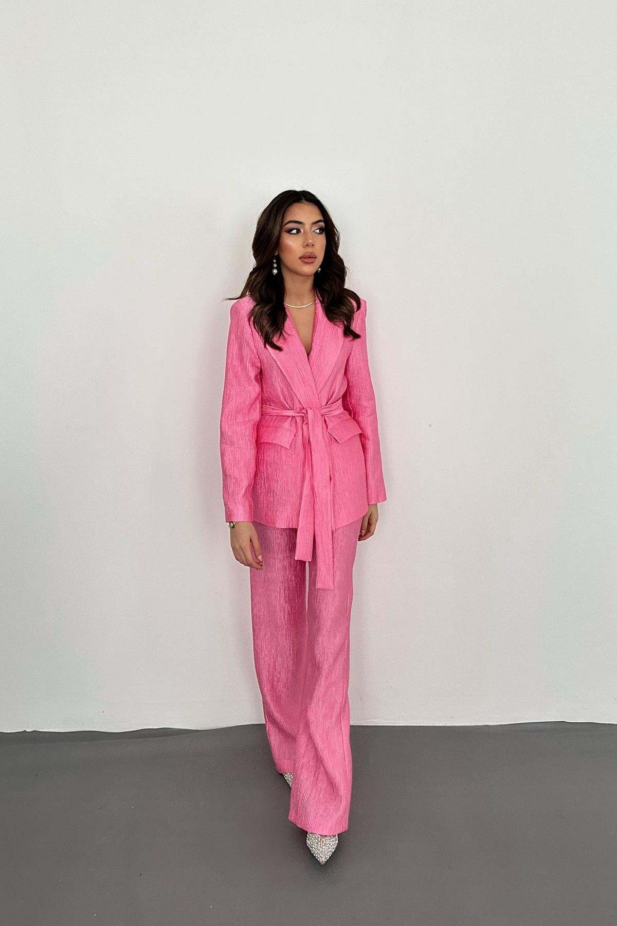 Toptan Pembe Beli Kuşaklı Ceket Ve Pantolon Parlak Takım