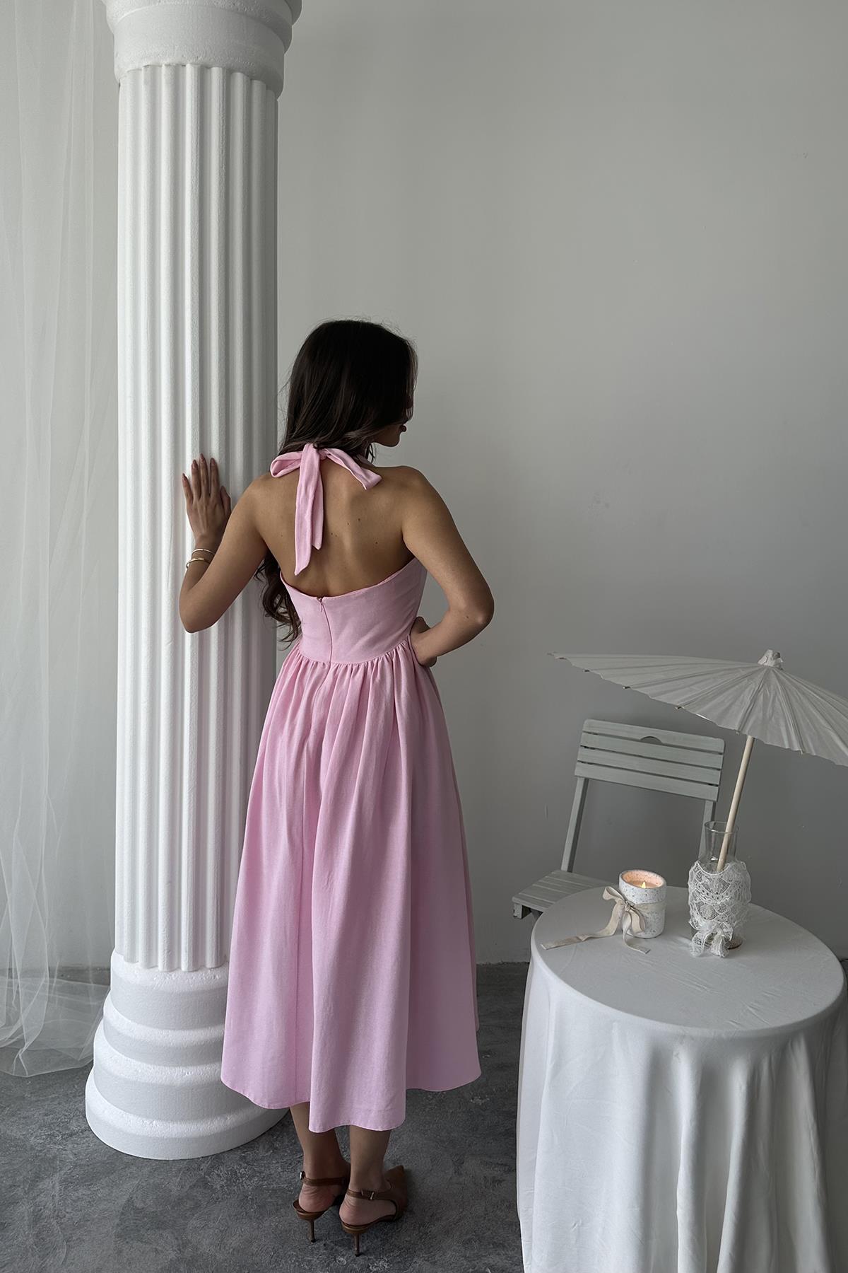 Toptan Pembe Boyundan Bağlamalı Keten Elbise