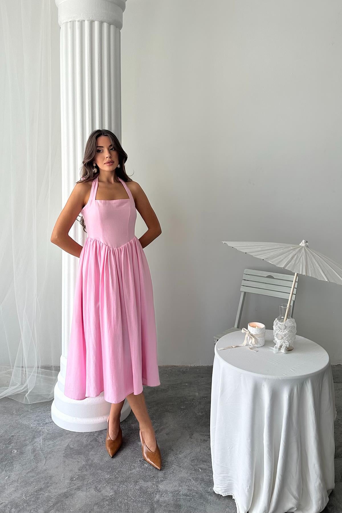 Toptan Pembe Boyundan Bağlamalı Keten Elbise