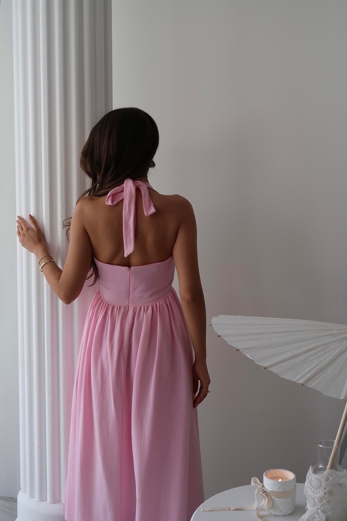 Toptan Pembe Boyundan Bağlamalı Keten Elbise