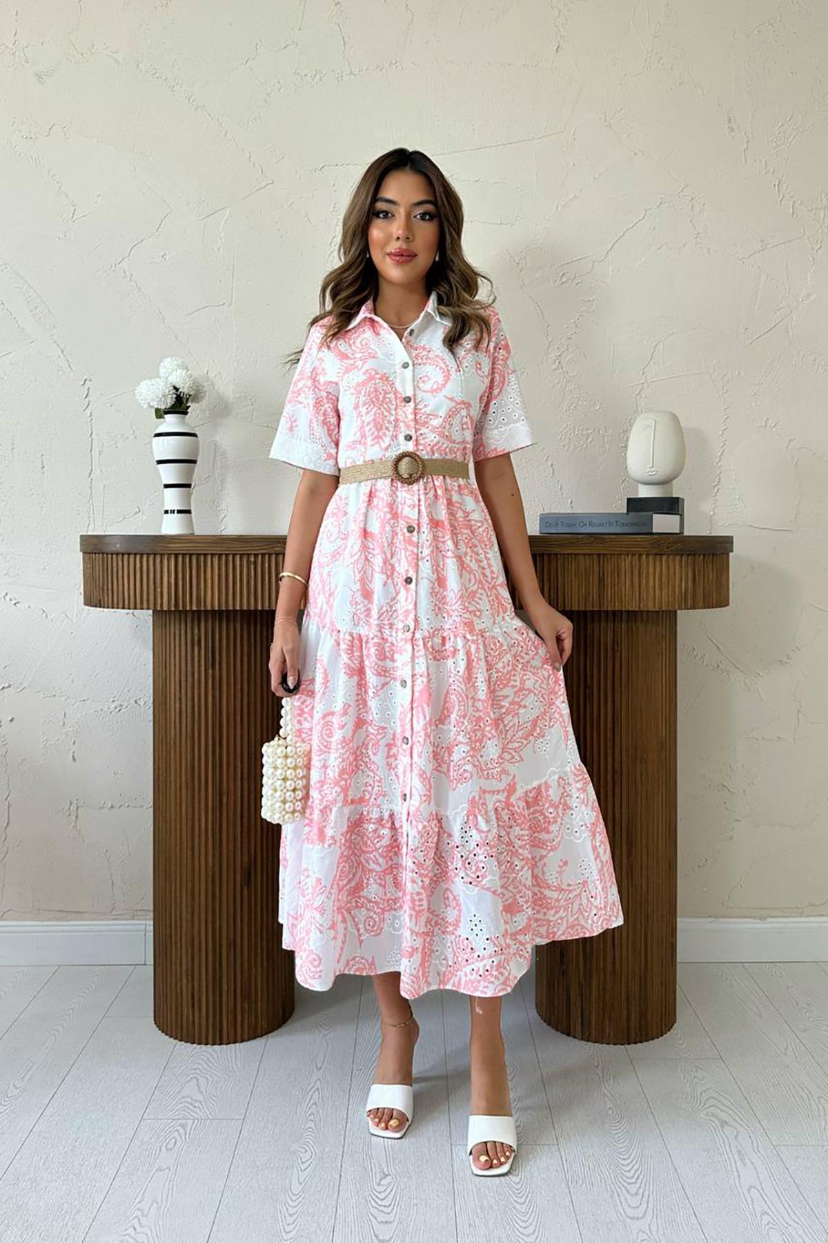 Toptan Pembe Brodeli Kolları Bağcıklı Elbise Pembe L