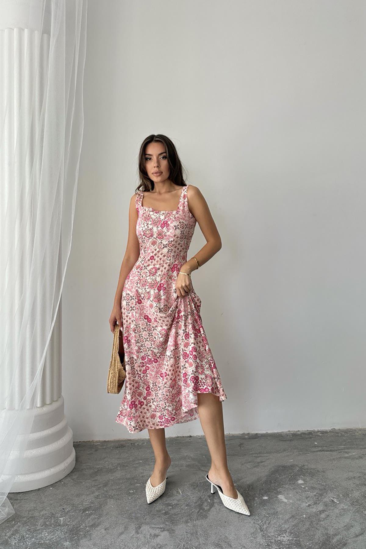 Toptan Pembe Çiçekli Viskon Elbise