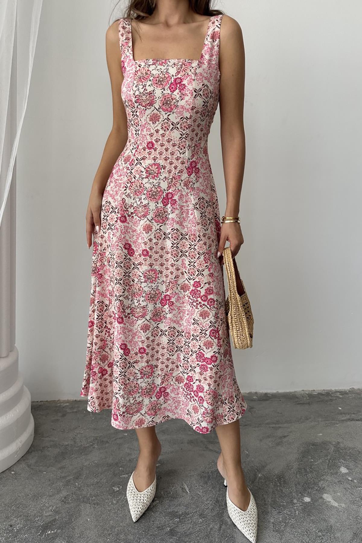 Toptan Pembe Çiçekli Viskon Elbise