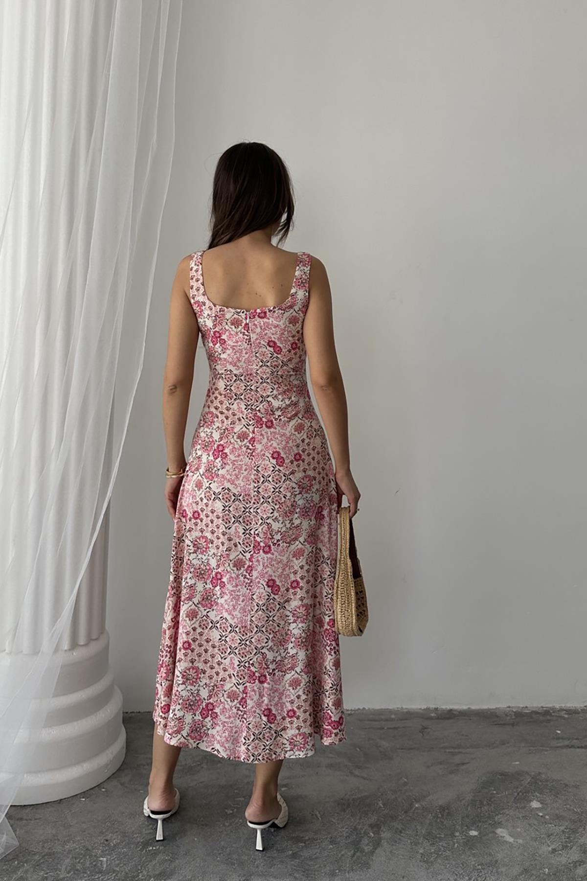 Toptan Pembe Çiçekli Viskon Elbise