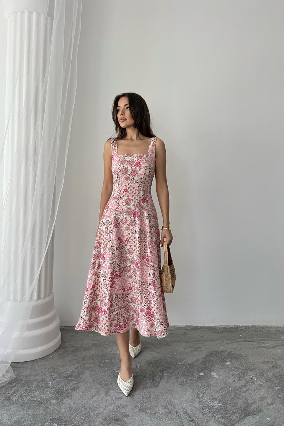 Toptan Pembe Çiçekli Viskon Elbise Pembe L