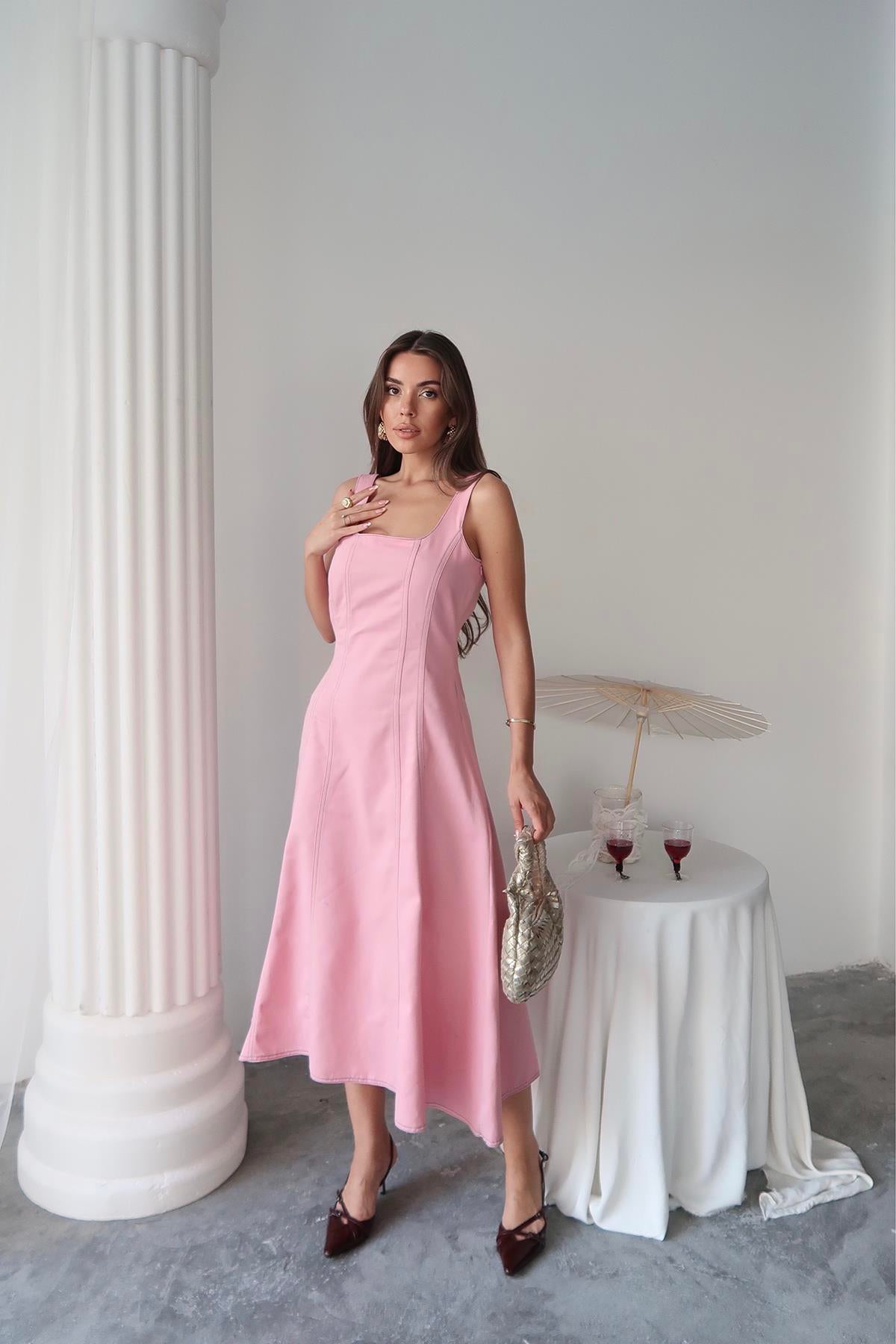 Toptan Pembe Çift Dikişli Gabardin Elbise