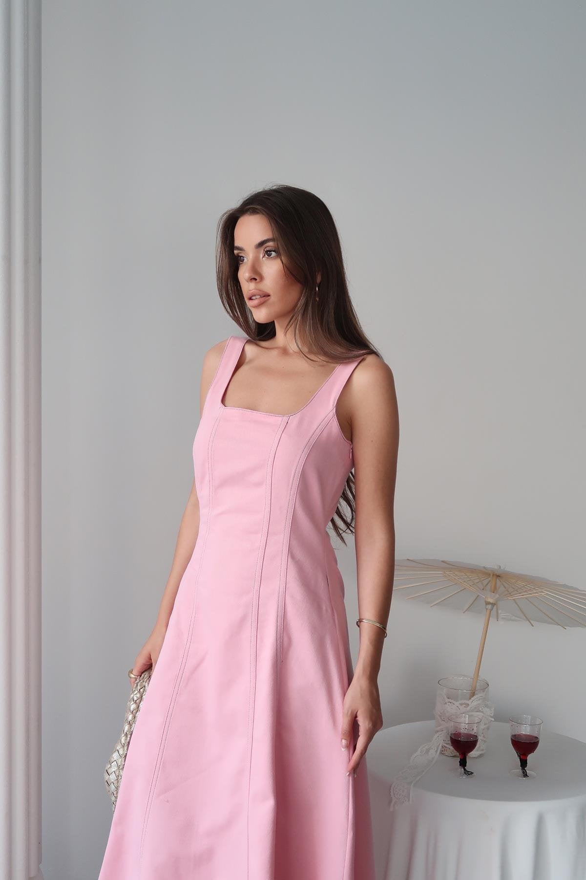 Toptan Pembe Çift Dikişli Gabardin Elbise