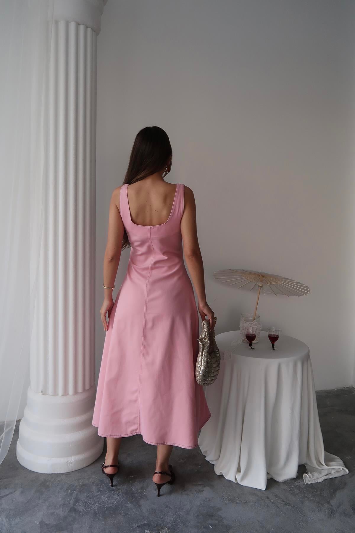 Toptan Pembe Çift Dikişli Gabardin Elbise