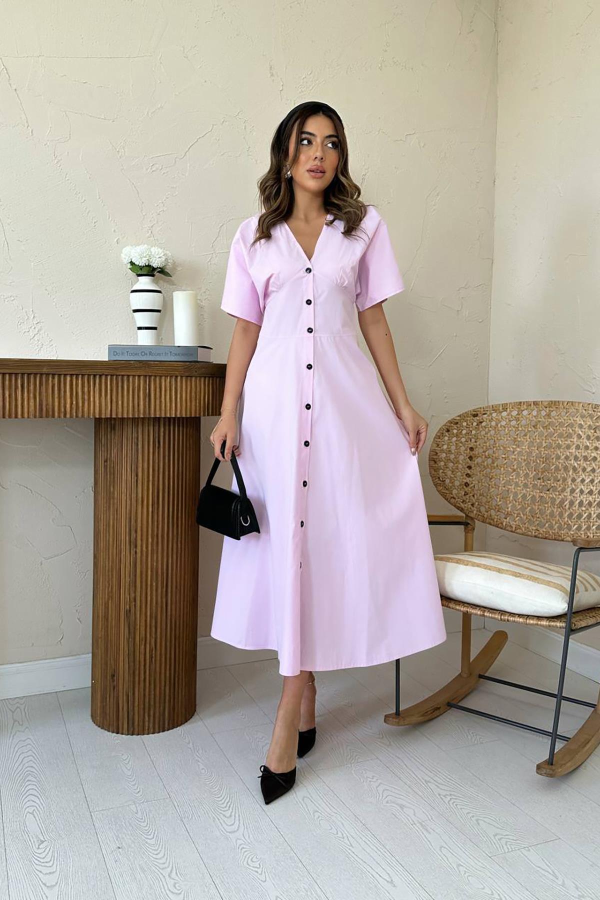 Toptan Pembe Düğmeli Midi Boy Poplin Elbise Pembe L