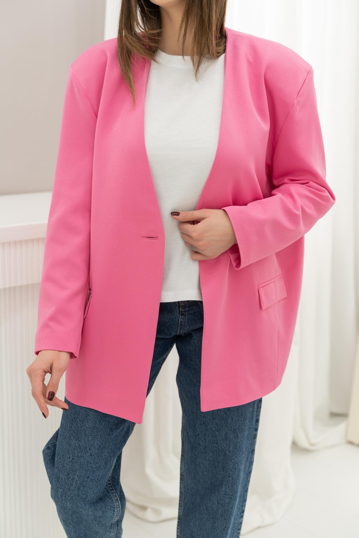 Toptan Pembe Eteği Lastikli Ceket