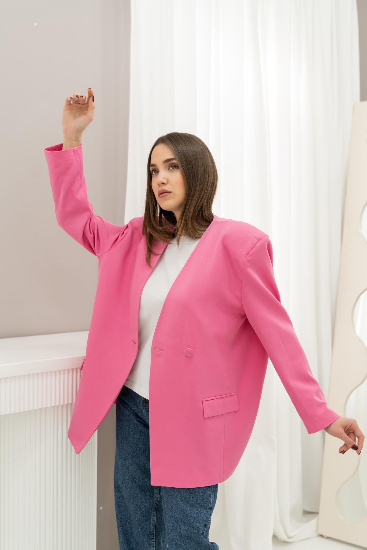 Toptan Pembe Eteği Lastikli Ceket
