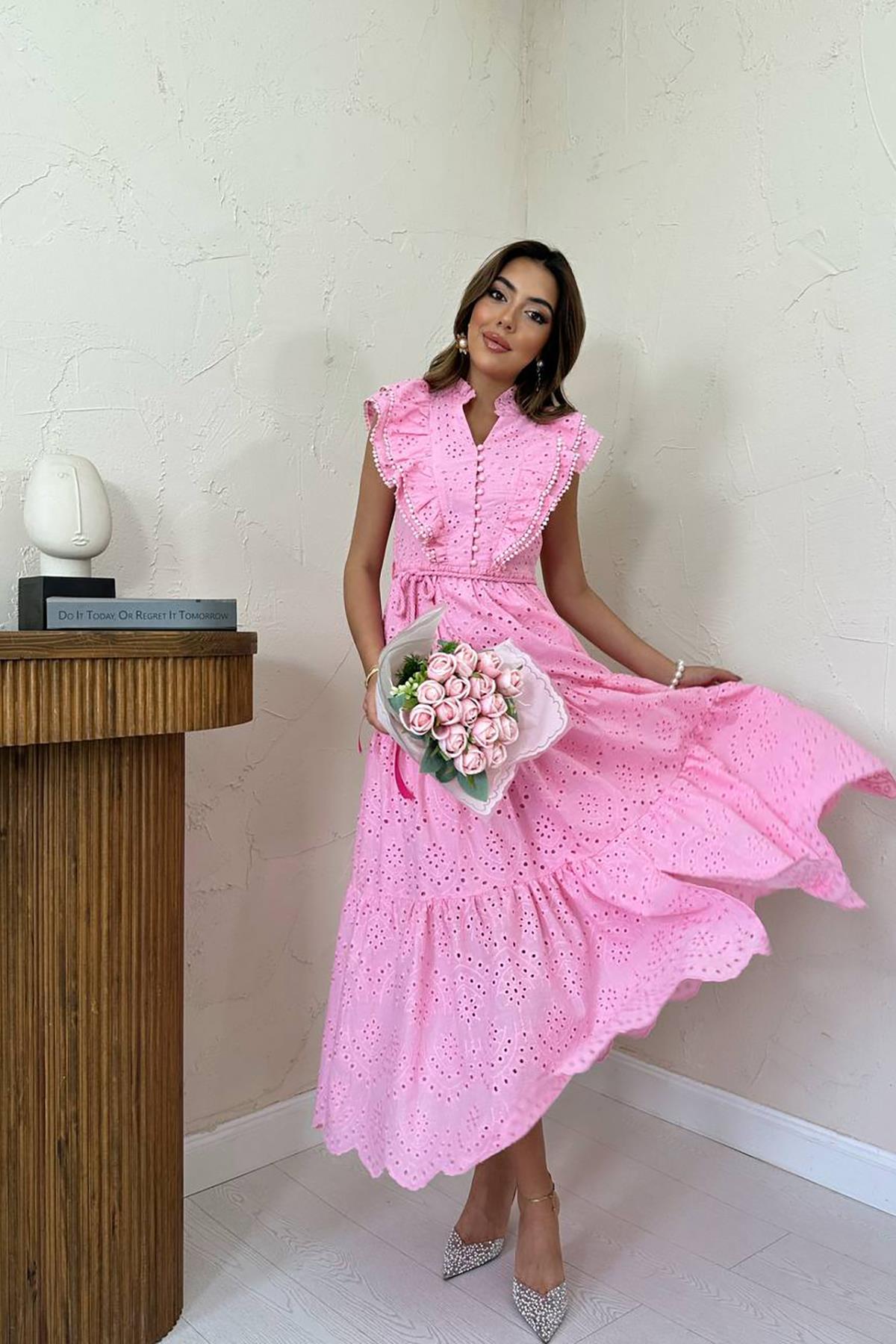 Toptan Pembe Fırfırlı Düğmeli Elbise Pembe L