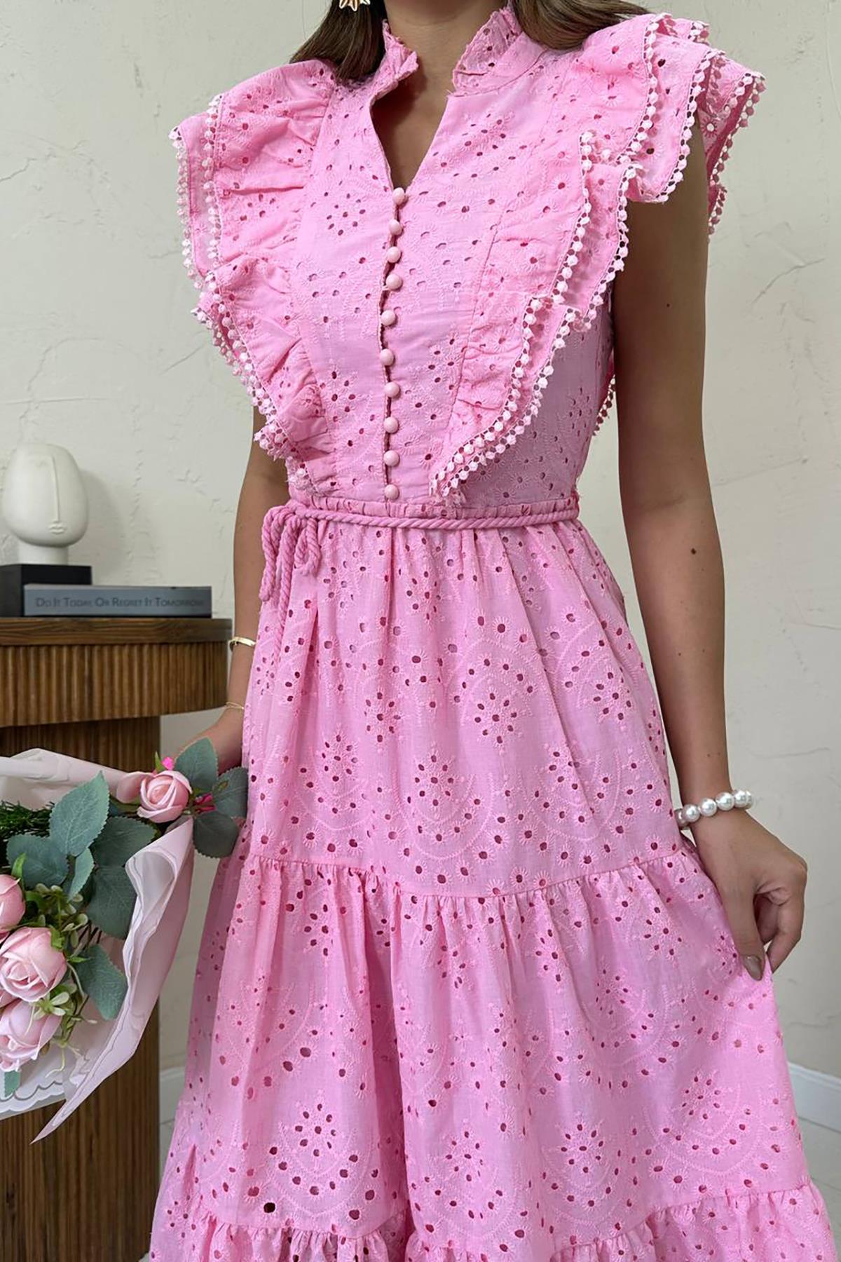 Toptan Pembe Fırfırlı Düğmeli Elbise