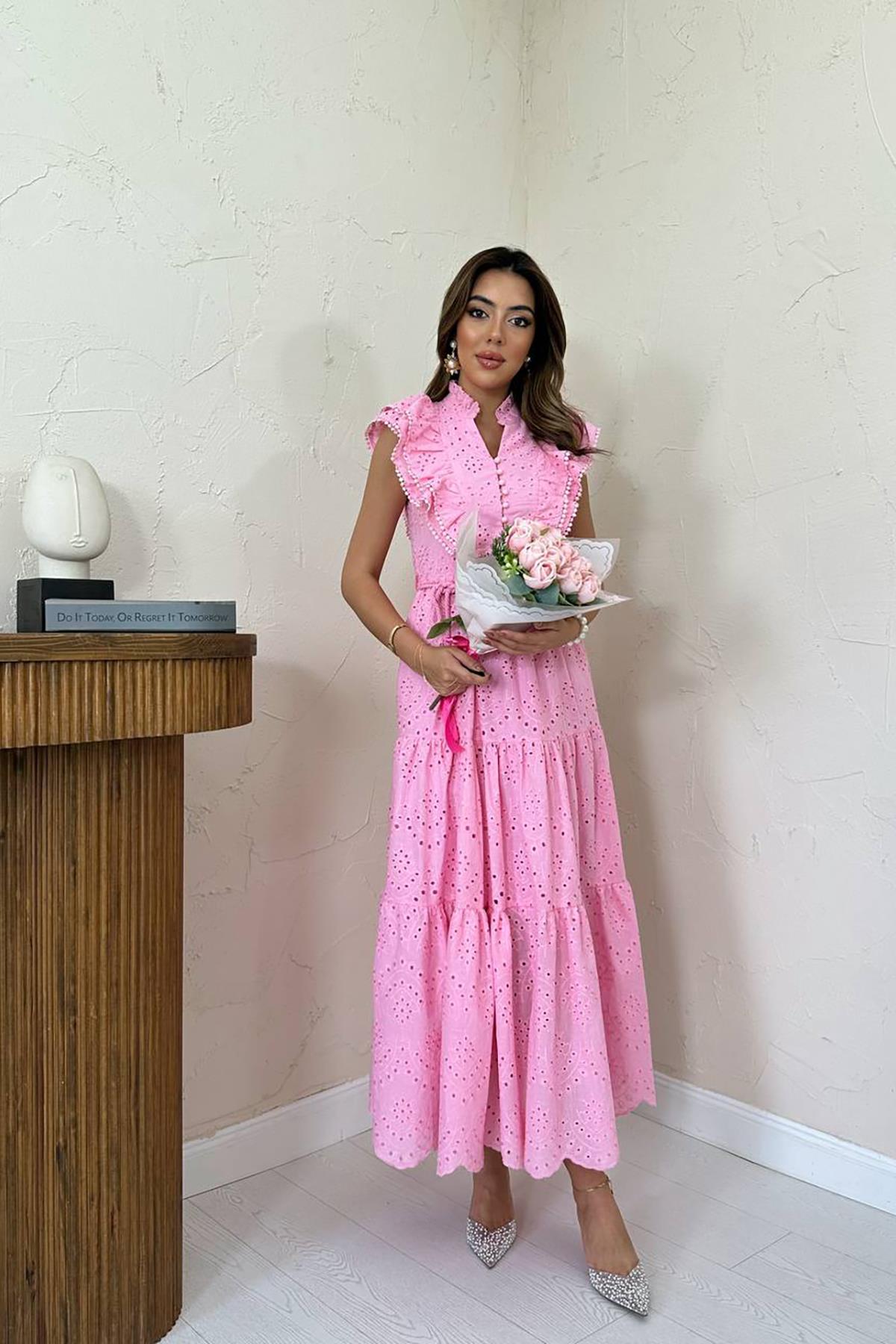 Toptan Pembe Fırfırlı Düğmeli Elbise