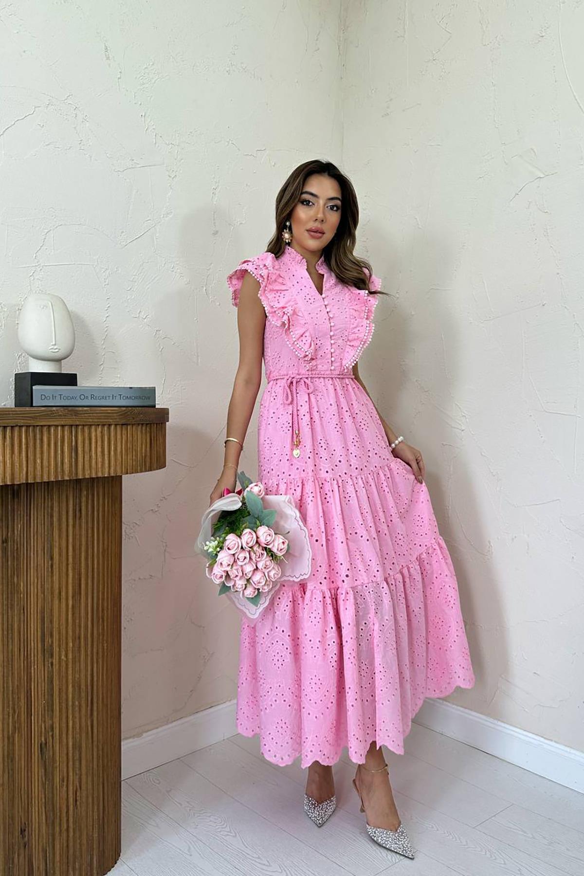 Toptan Pembe Fırfırlı Düğmeli Elbise