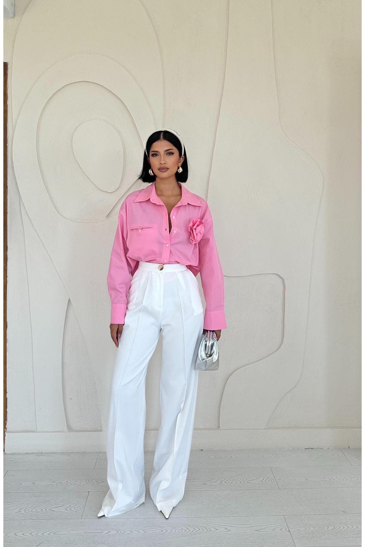 Toptan Pembe Fleto Cepli Poplin Gömlek Pembe L