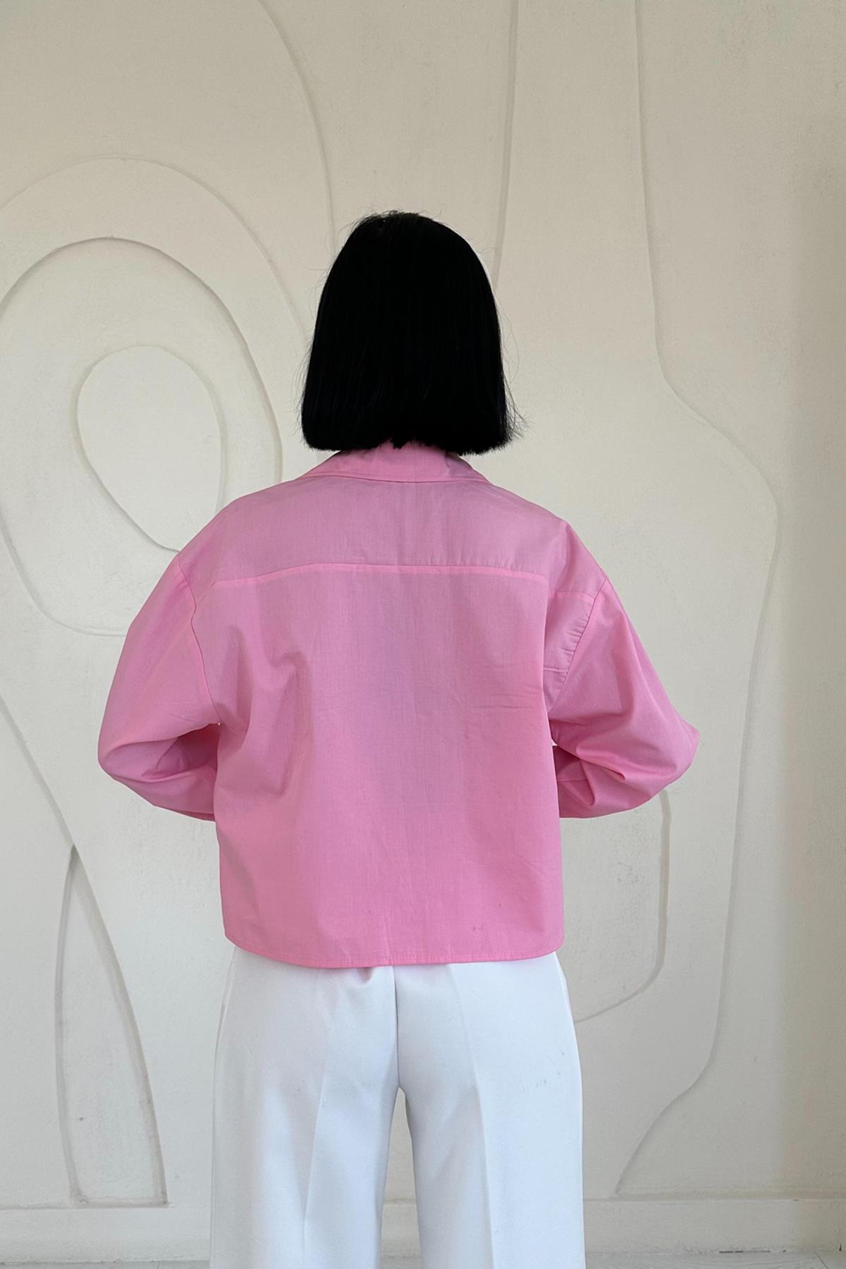 Toptan Pembe Fleto Cepli Poplin Gömlek