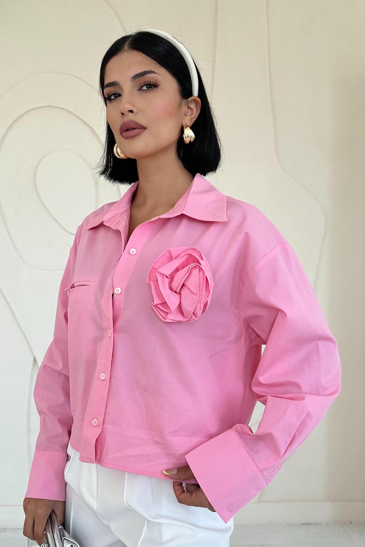 Toptan Pembe Fleto Cepli Poplin Gömlek