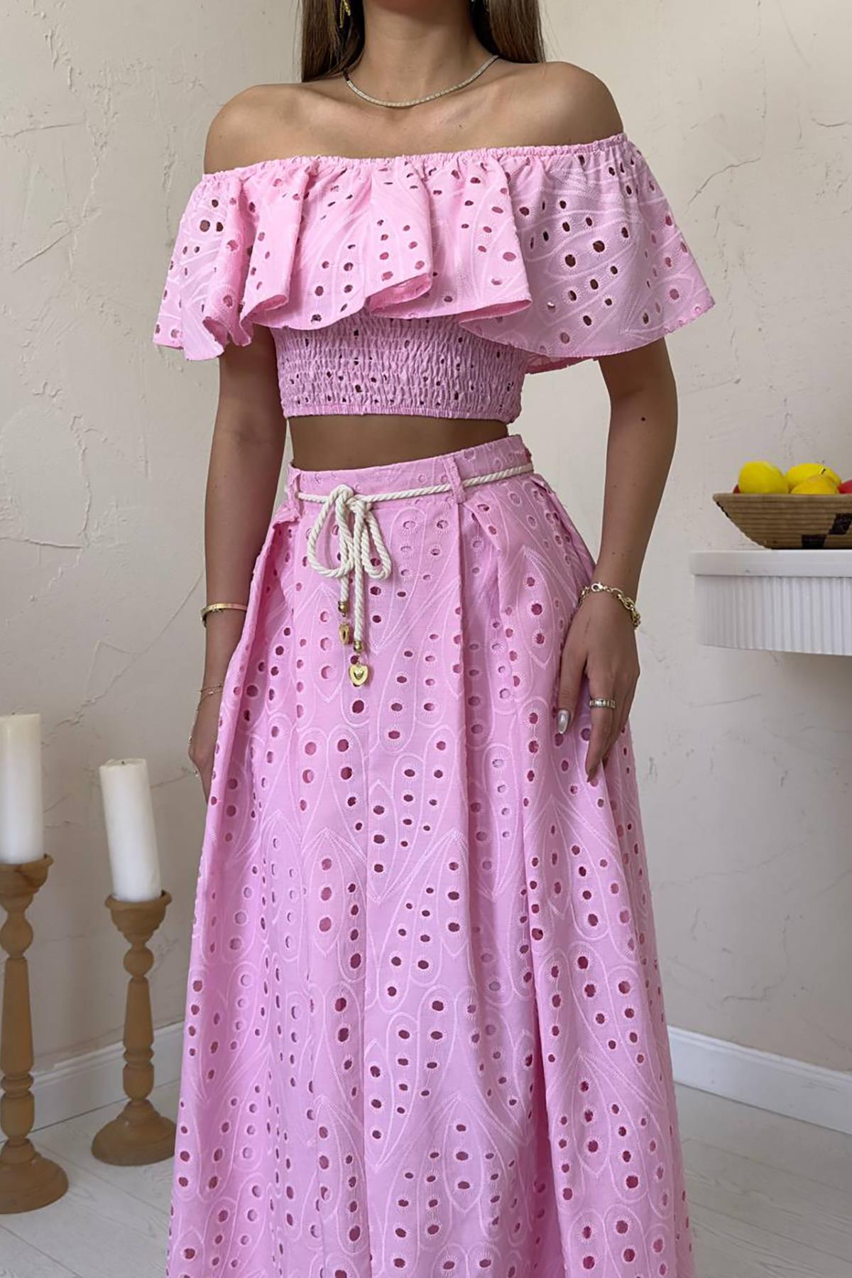 Toptan Pembe Gipeli Bluz Etek Takım