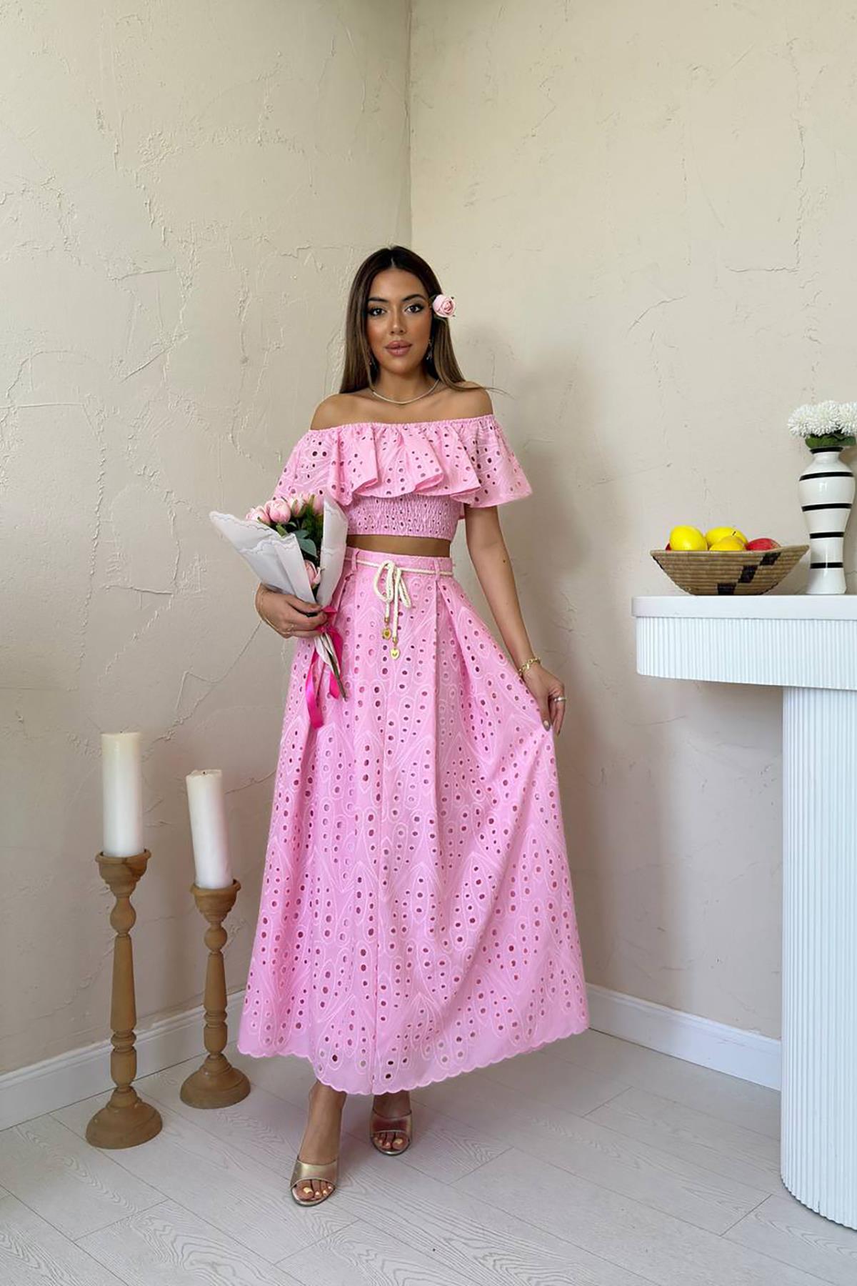 Toptan Pembe Gipeli Bluz Etek Takım Pembe L