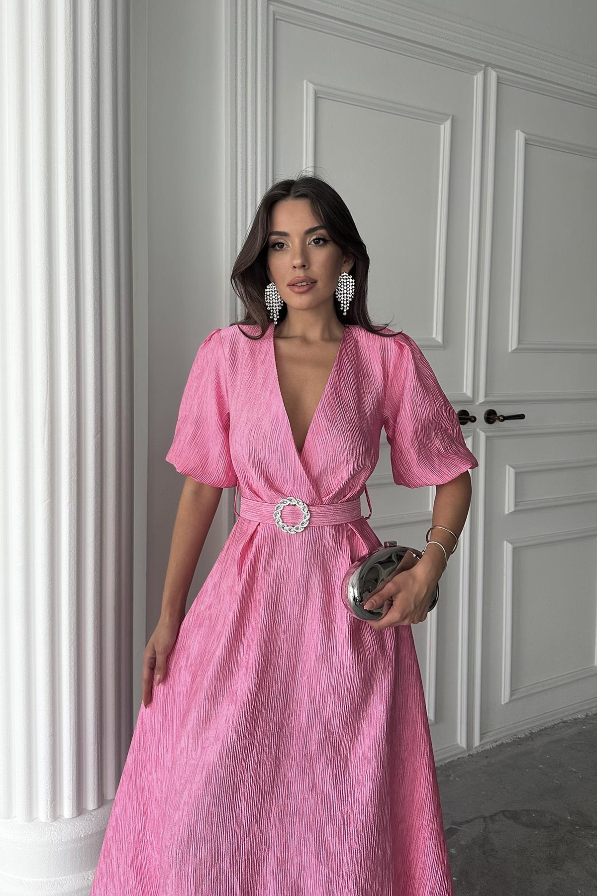 Toptan Pembe Işıltılı Kemerli Kruvaze Elbise