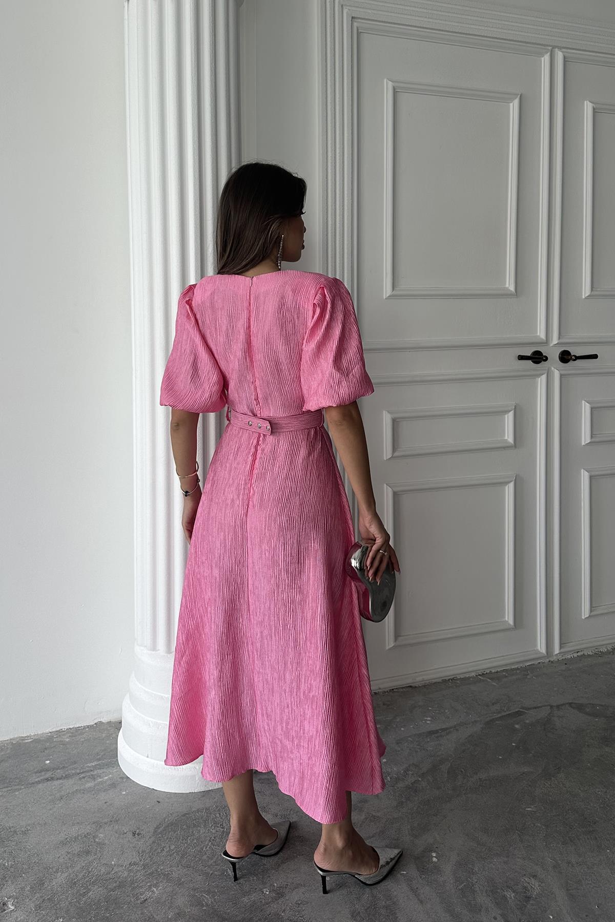 Toptan Pembe Işıltılı Kemerli Kruvaze Elbise