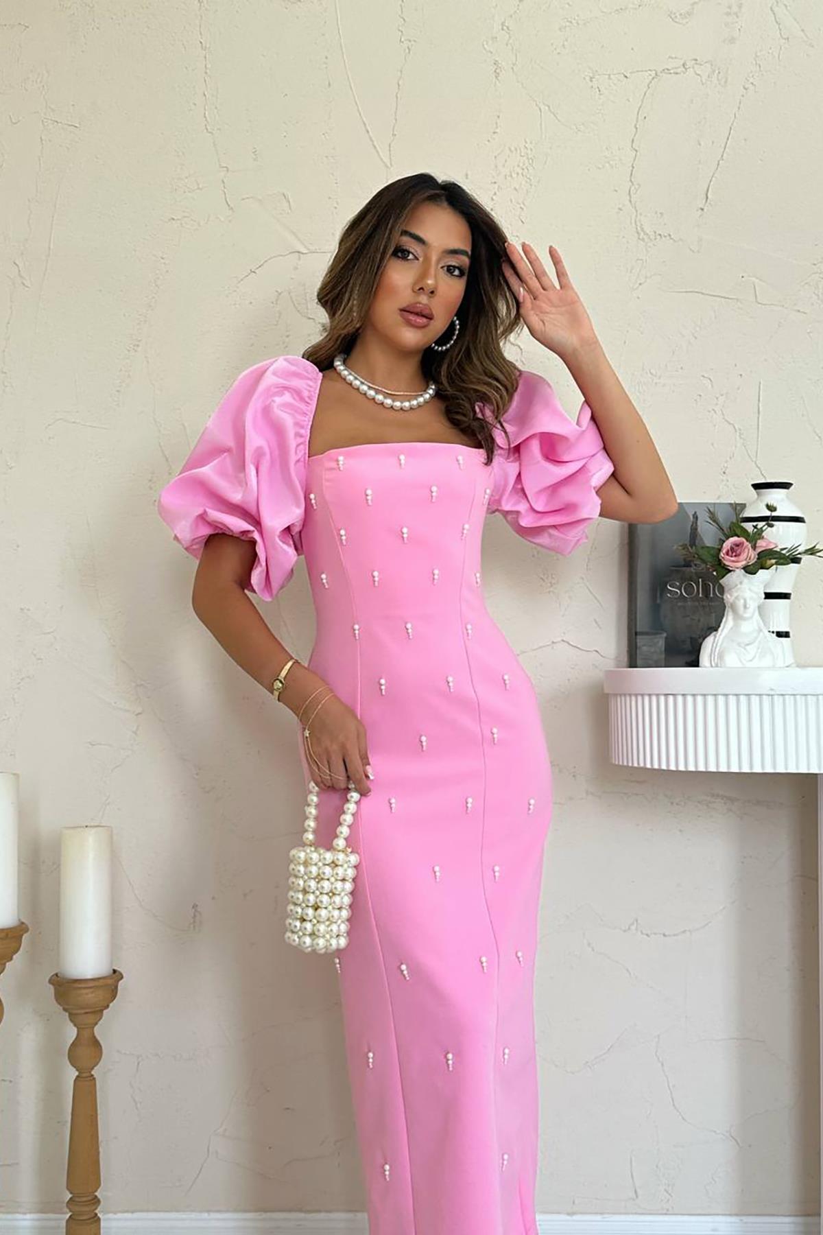 Toptan Pembe İşlemeli Kolu Garnili Elbise