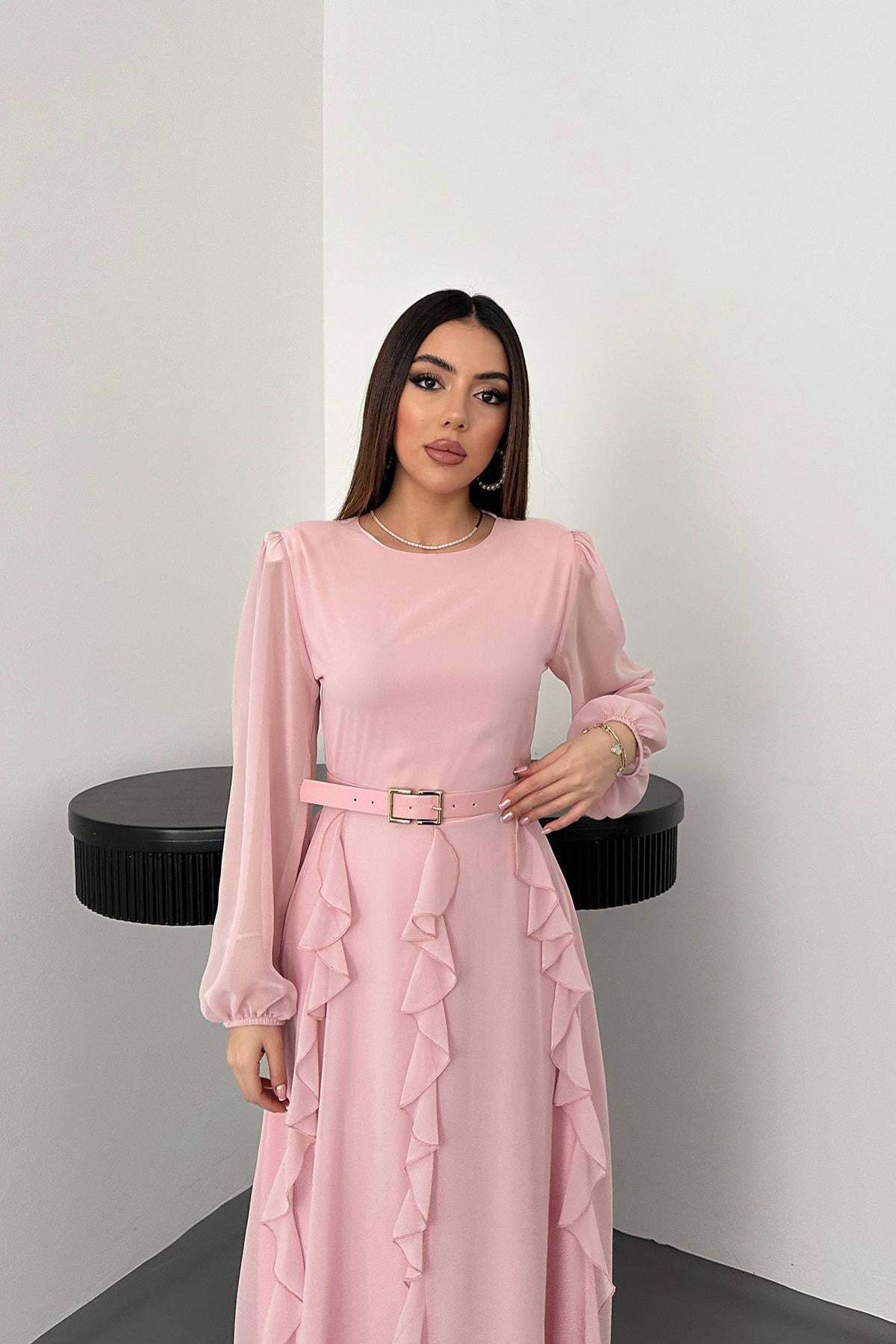 Pembe Kemerli Şifon Elbise