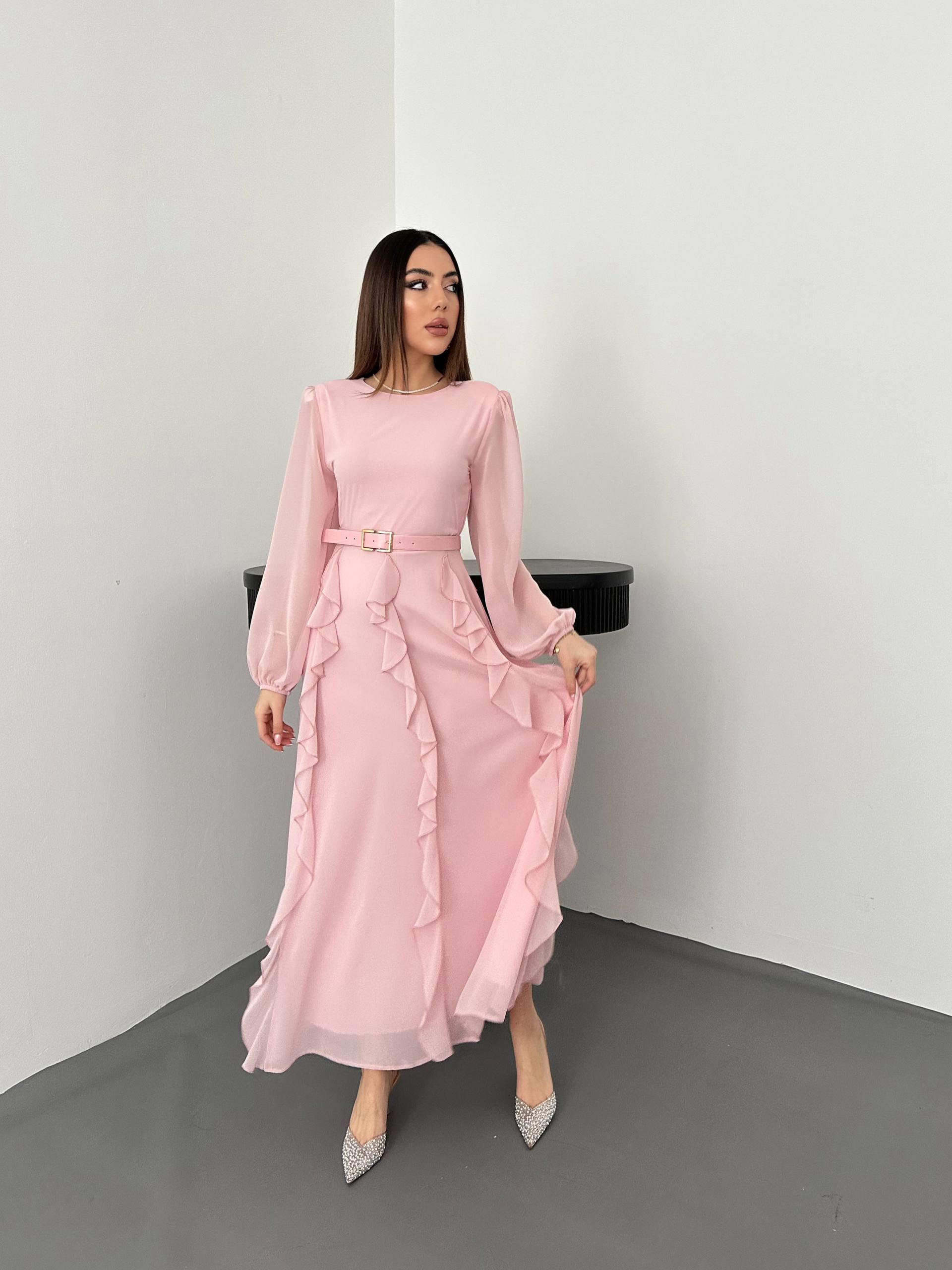 Toptan Pembe Kemerli Şifon Elbise
