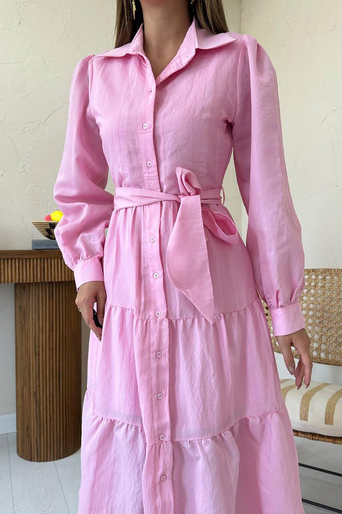 Toptan Pembe Kuşaklı Çizgi Desenli Elbise