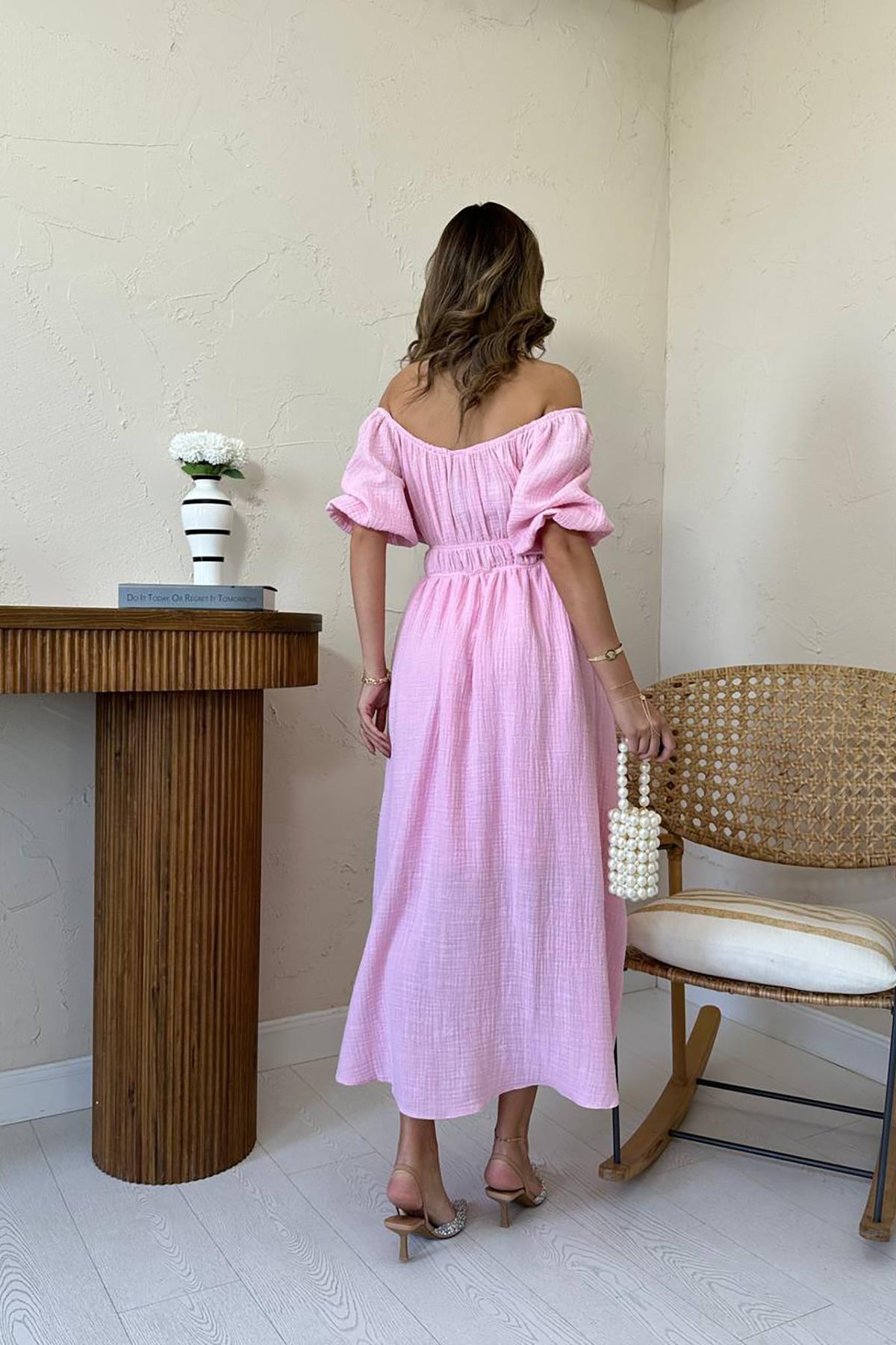 Toptan Pembe Yakası Büzgülü Müslin Keten Elbise