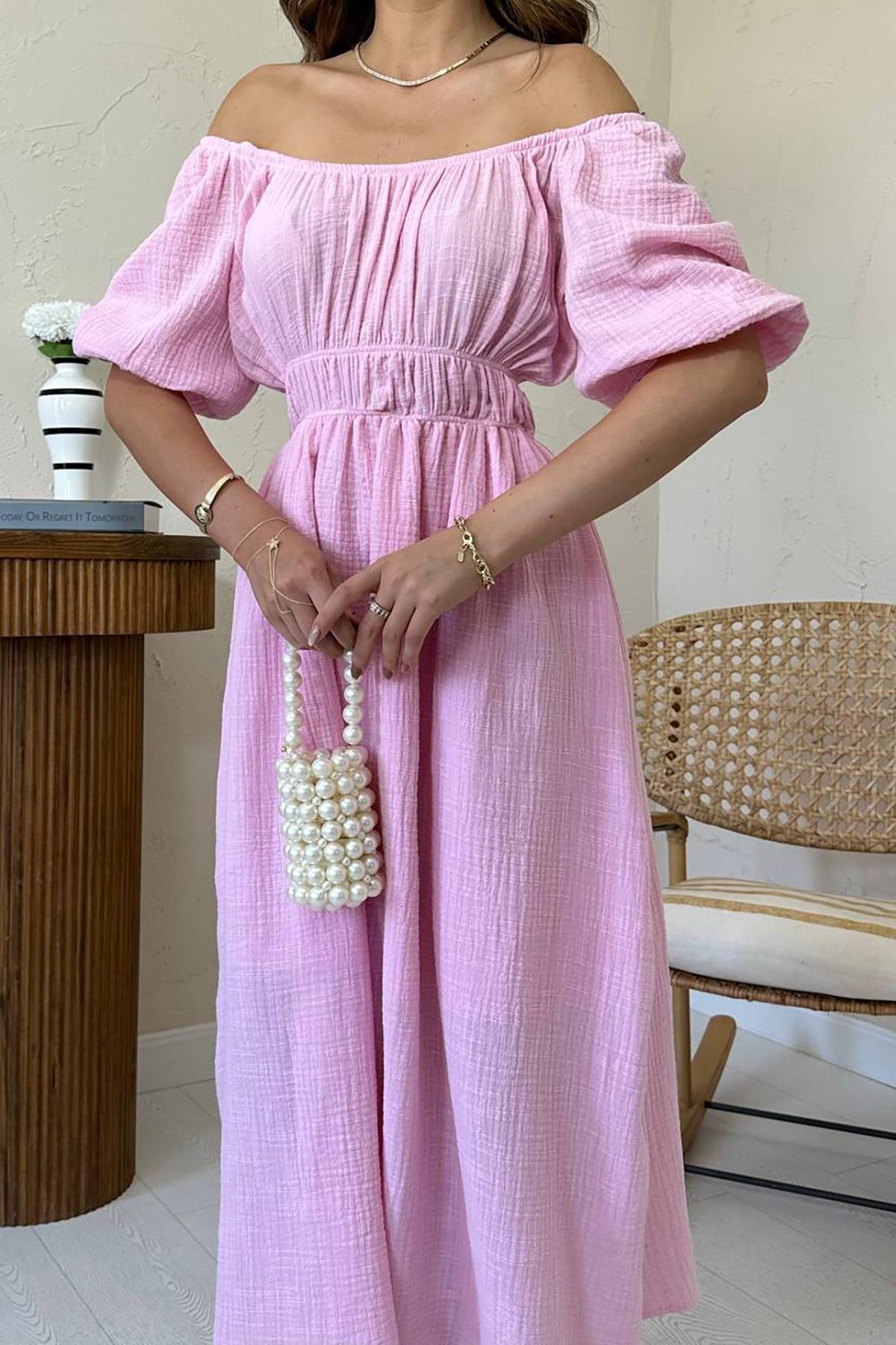 Toptan Pembe Yakası Büzgülü Müslin Keten Elbise