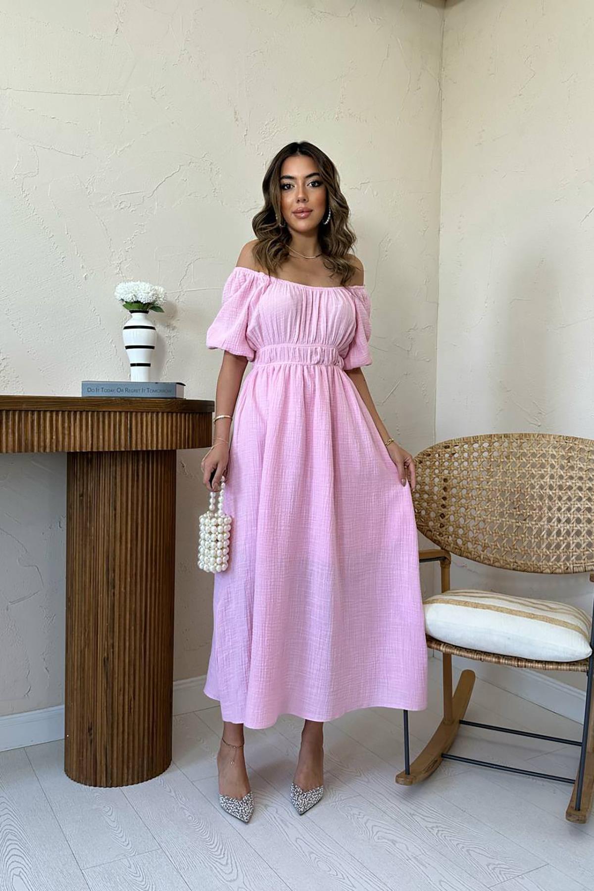 Toptan Pembe Yakası Büzgülü Müslin Keten Elbise Pembe L