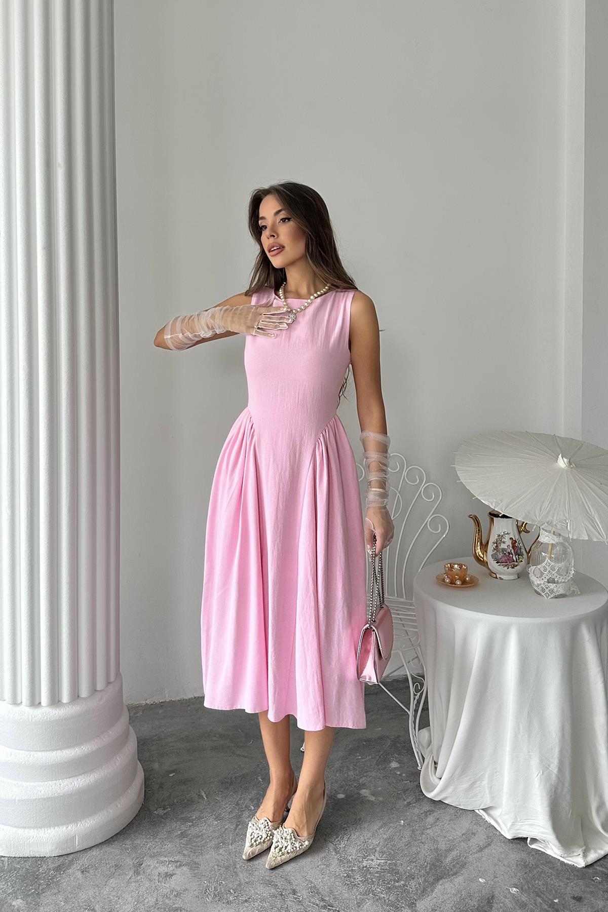 Toptan Pembe Yanları Büzgülü Midi Boy Keten Elbise