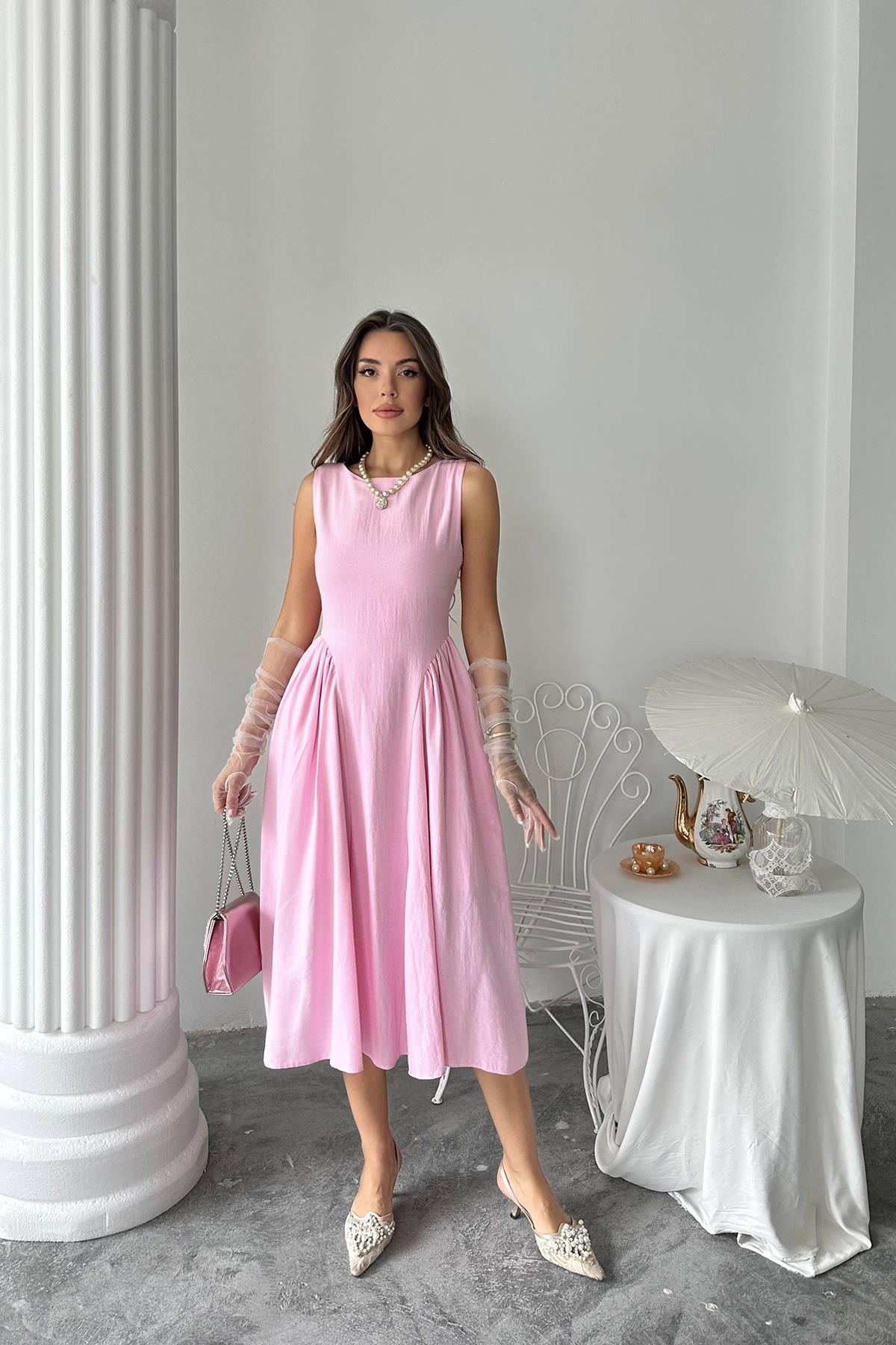 Toptan Pembe Yanları Büzgülü Midi Boy Keten Elbise