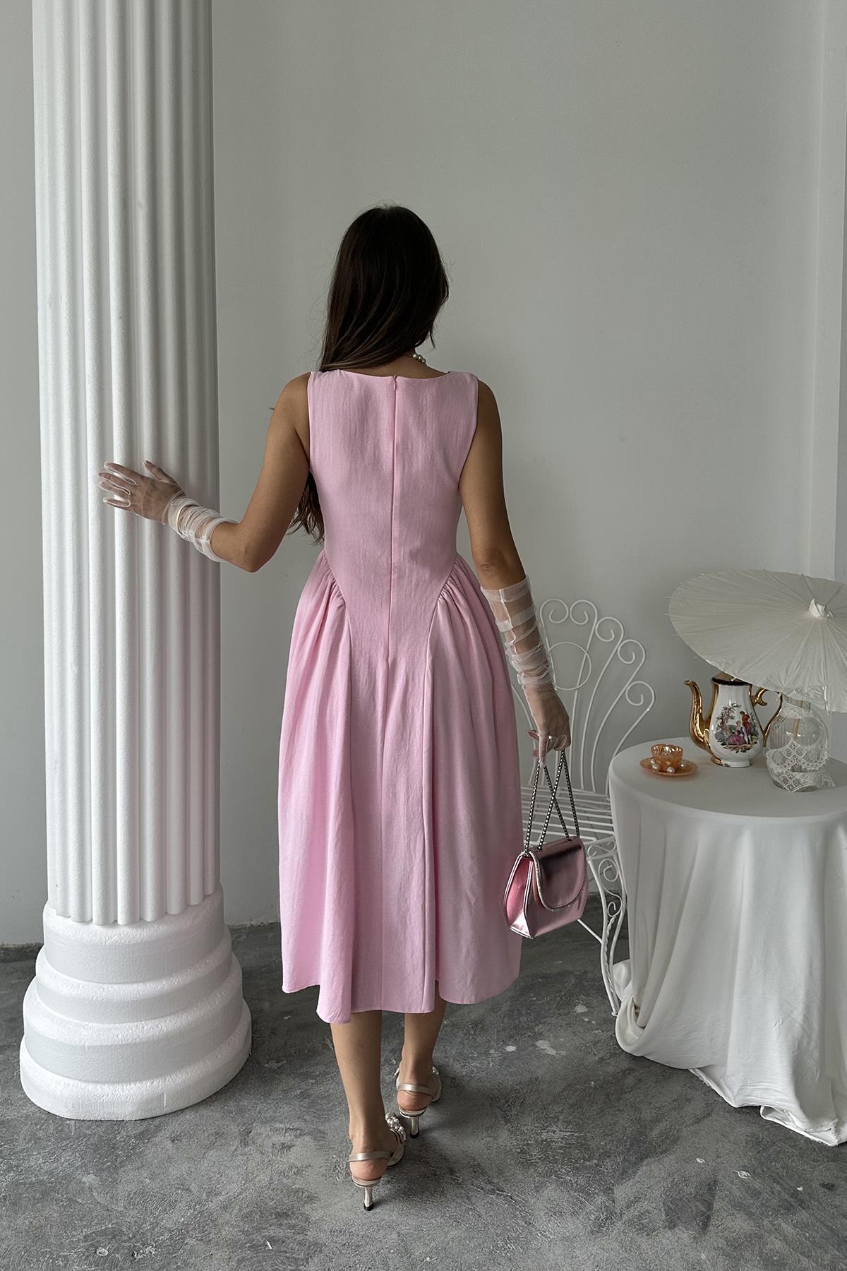 Toptan Pembe Yanları Büzgülü Midi Boy Keten Elbise