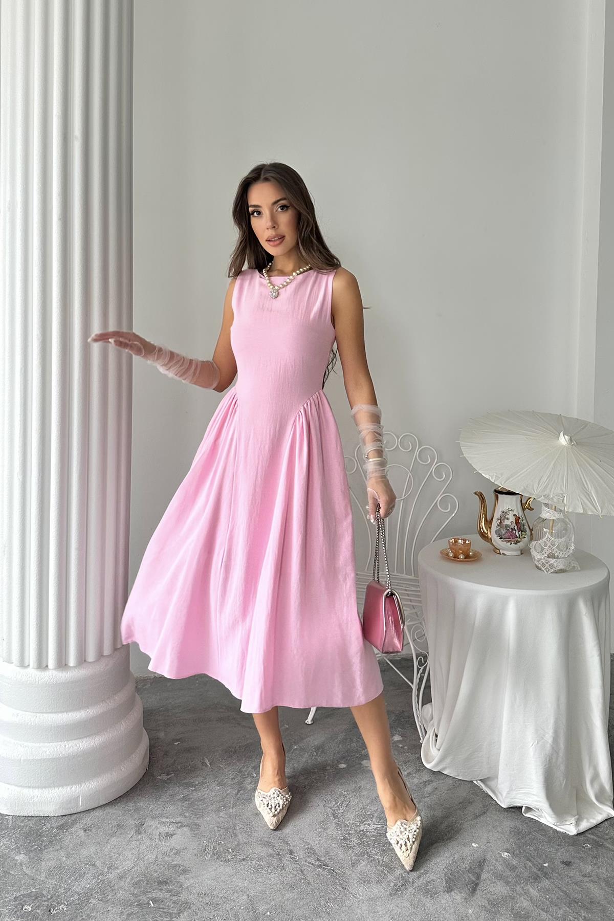 Toptan Pembe Yanları Büzgülü Midi Boy Keten Elbise