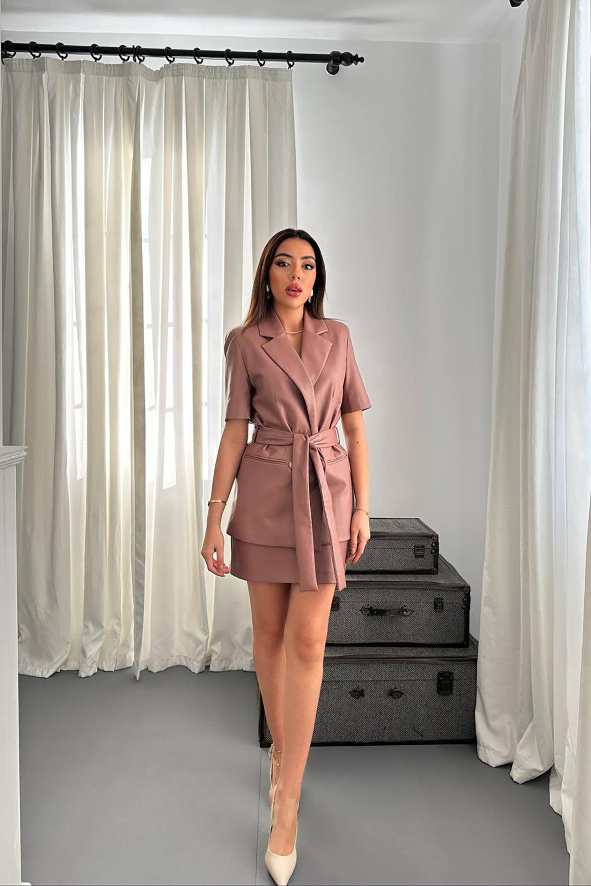 Toptan Pudra Deri Ceket Ve Etek Takım Pudra L