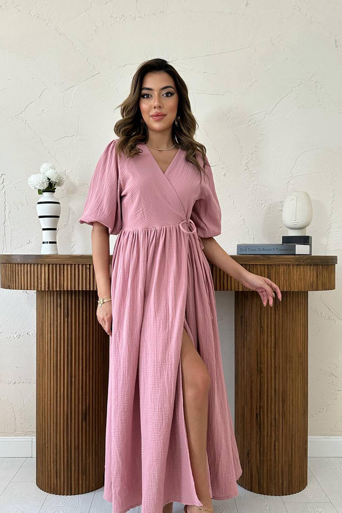 Toptan Pudra Müslin Uzun Elbise